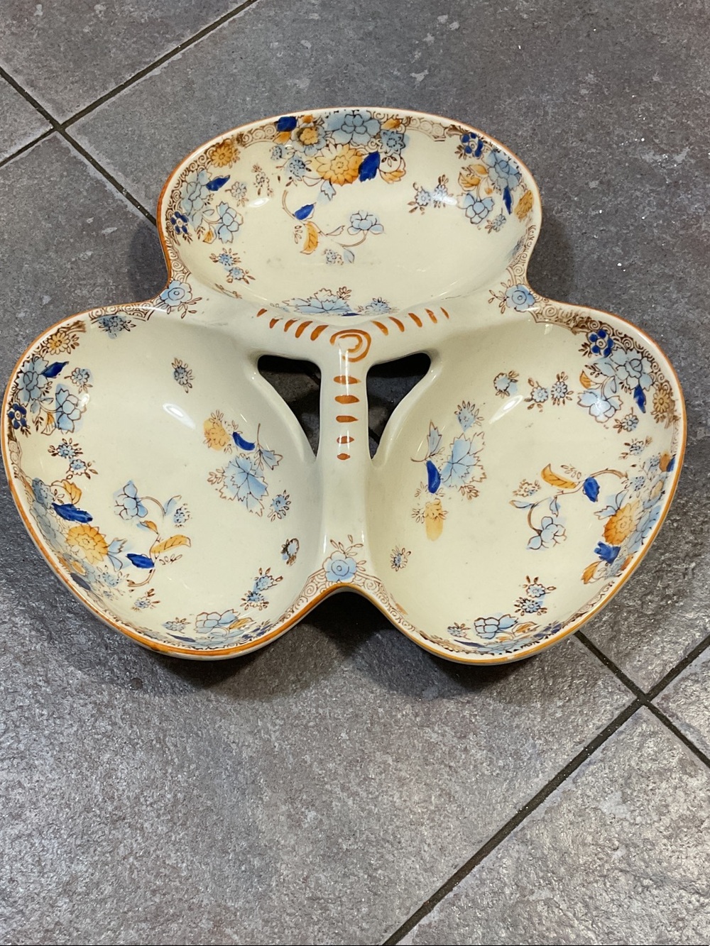 Floral Triple-Section Serving Dish - Cream with Blue & Gold Accents